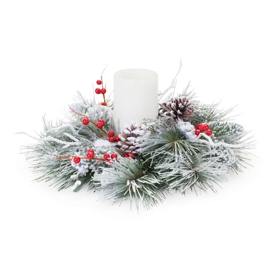 15.75&#x22; Flocked Pine Berry Candle Ring